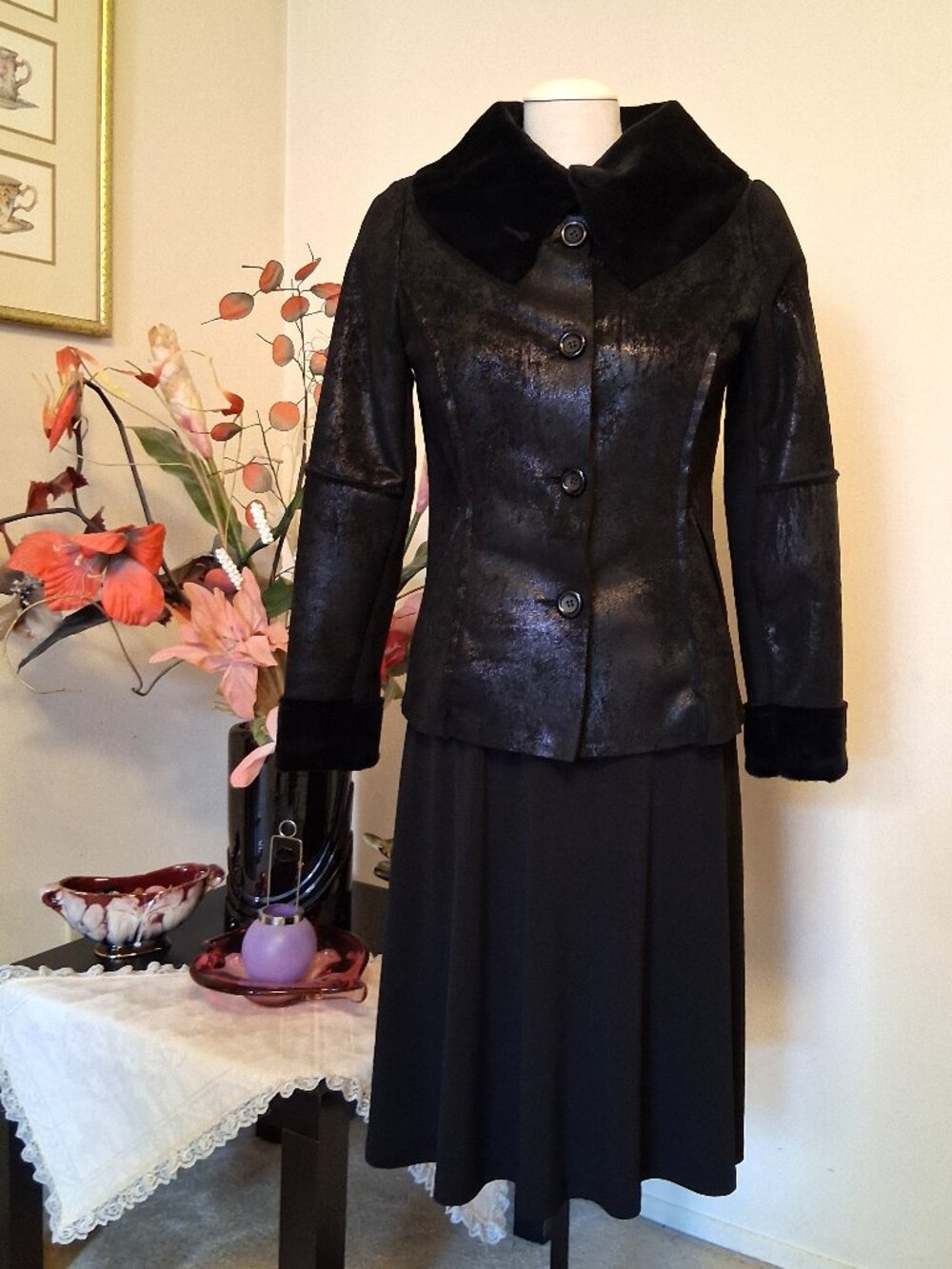 Simon Chang Faux Leather Tailored Winter Coat Jacket Women 6 Classic Black